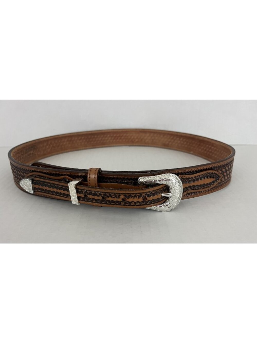 Nocona Western Leather Belt Tooled Braided Inlay 3pc Silver Tone Buckle 44"